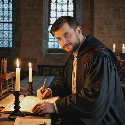 A medieval scholar in a candlelit scriptorium