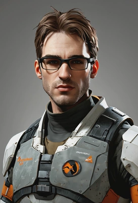 Old 3d graphic style, low-poly game render, Gordon Freeman in HEV suite, whiteout glasses, Half-Life 1, underground base background, knee-up portrait