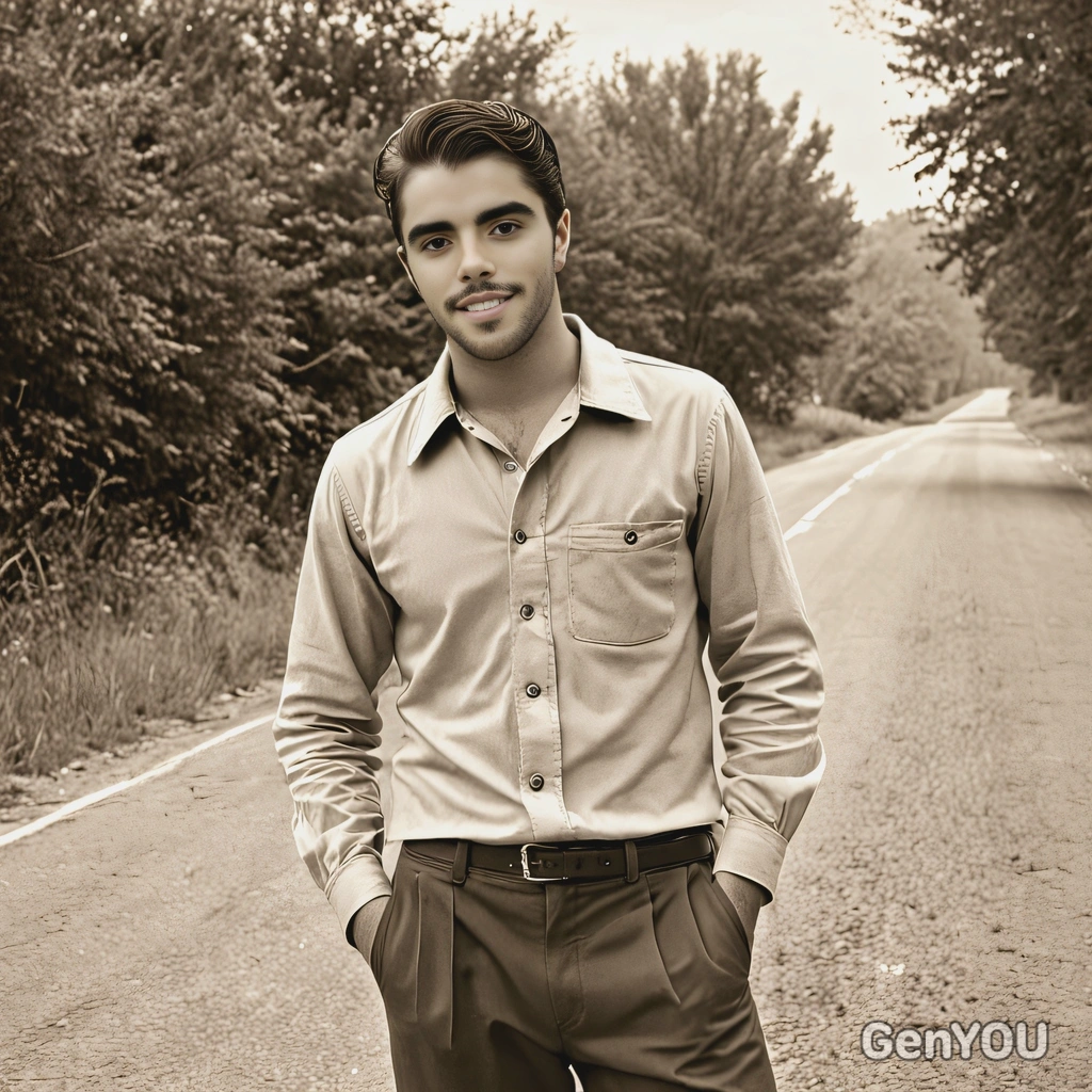 in 1950s casual wear, on a country road, captured in sepia