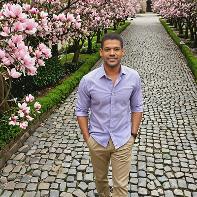 in a pastel button-up shirt and chinos, standing through a cobblestone path lined with blossoming magnolia trees, the fresh scent of spring in the air, mid shot photo