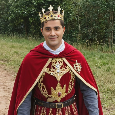 As King Arthur, wearing a royal red cape with a shining crown