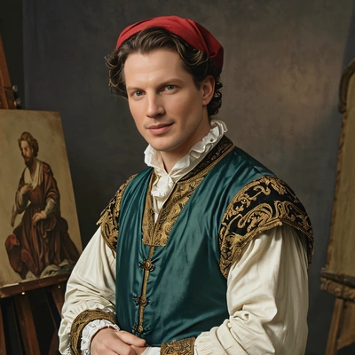 A Renaissance artist in historical costume, in a dimly lit studio
