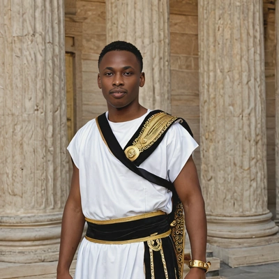 dressed as a Roman senator, wearing a toga