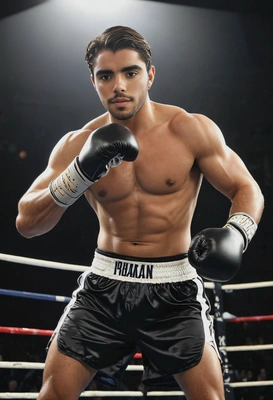 as a boxer, wearing gloves and shorts, standing in a boxer ring under intense lighting