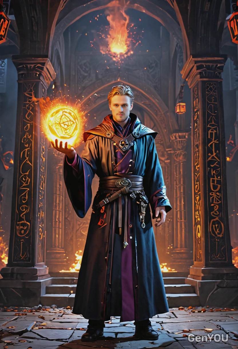 as a warlock in dark robes, casting a fireball, surrounded by glowing runes, temple behind, night, looking up front, vivid colors, symmetrical clothing details, video game style, high-quality stylized art