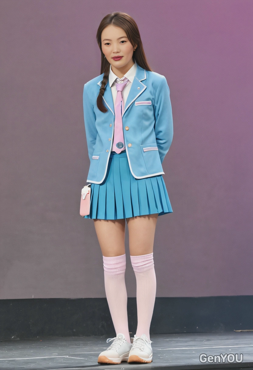as a K-pop idol, wearing a pastel-colored school uniform-style outfit with knee-high socks, performing on the stage, close up photo