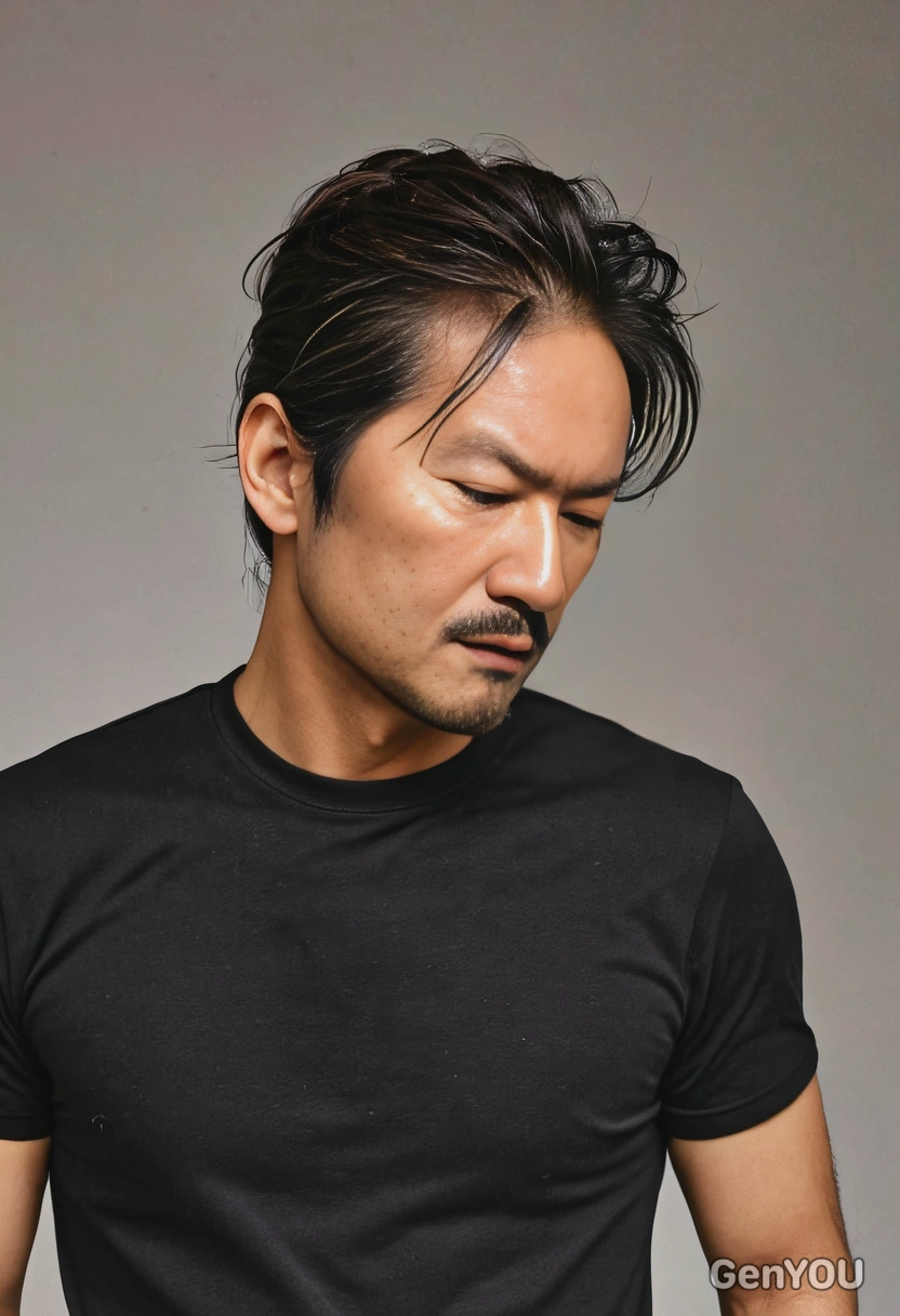 black shirt, brunette