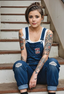 in punk overalls and suit with rolled-up sleeves, stickers, tattoos, sitting on stairs, blurred background,  symmetrical details, leaning on her hands