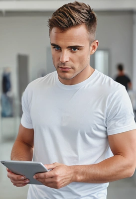 as a professional using a tablet, demonstrating modern business tools, white t-shirt, sneakers, blurred background