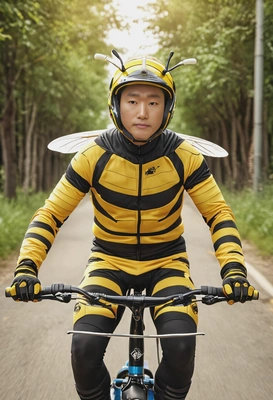 riding bike in a bee costume, symmetrical clothing details, blurred background, cinematographic style