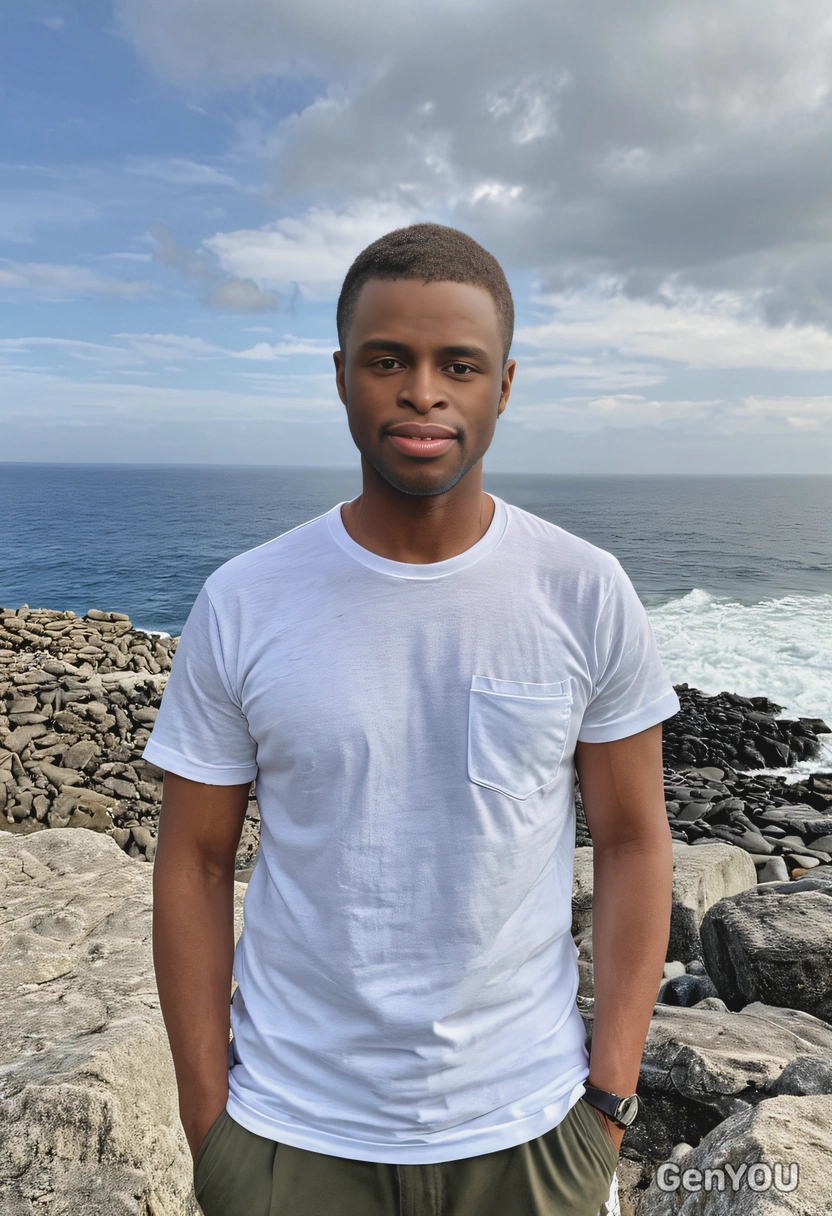 in a simple t-shirt standing atop a rocky outcrop, panoramic ocean view, hands in pockets