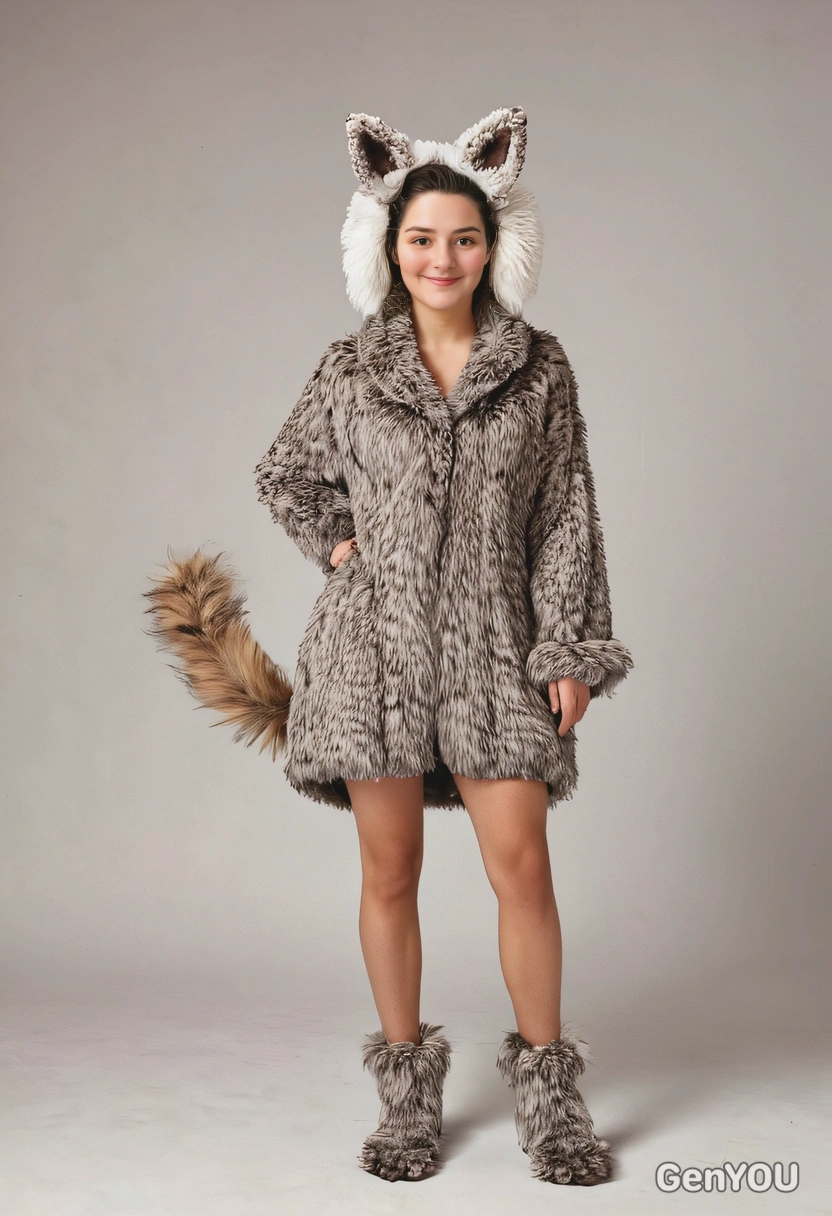 dressed in furry clothing, adorned with dog fur, dog ears and tail, posing like a dog, full-body image