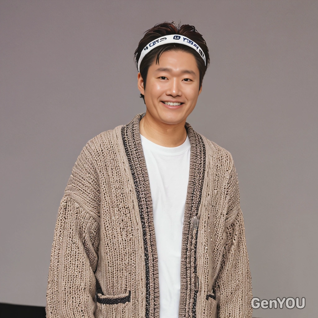 as a K-pop idol at a fan meeting event, wearing a cute oversized cardigan with a headband, smiling , mid shot photo