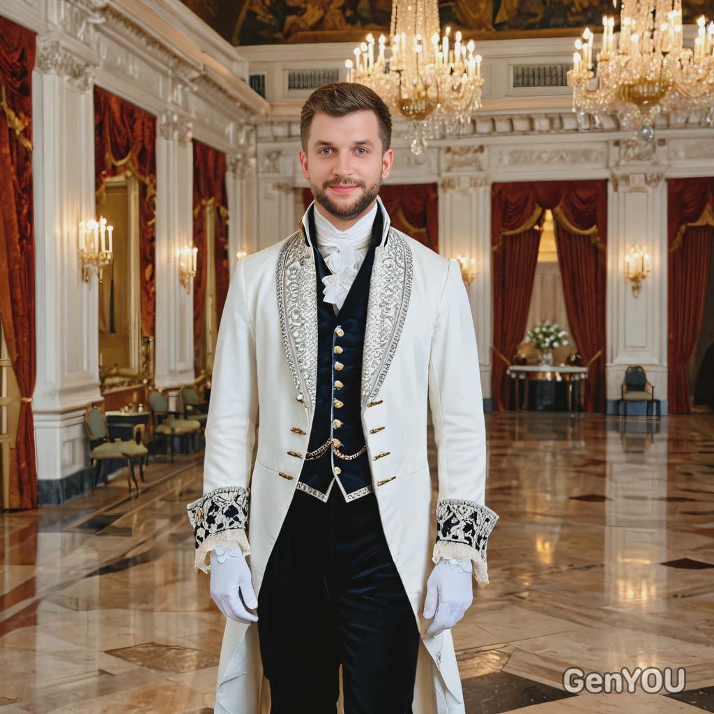 as an 18th-century courtier, dressed in a velvet frock coat with lace cuffs, standing in a grand ballroom with chandeliers and marble floors