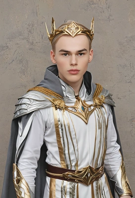 Wearing a golden circlet and a silver cape, pose as a high elf mage