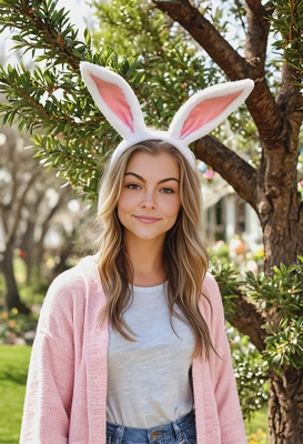 in a trendy, oversized outfit wearing bunny ears, standing by a decorated Easter tree, outside. realistic skin texture, natural lighting, blurred background