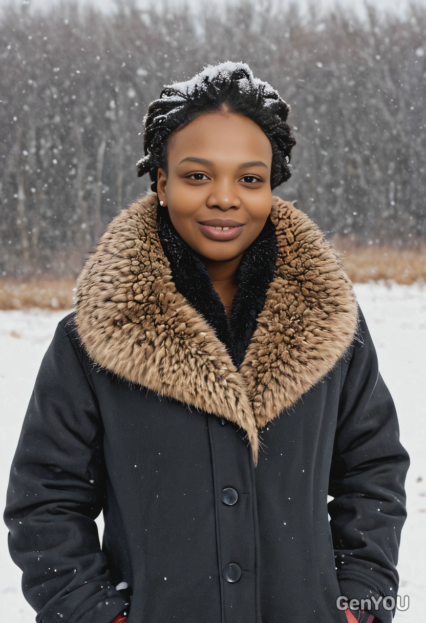 in a fur-lined coat, standing in a snowy field 