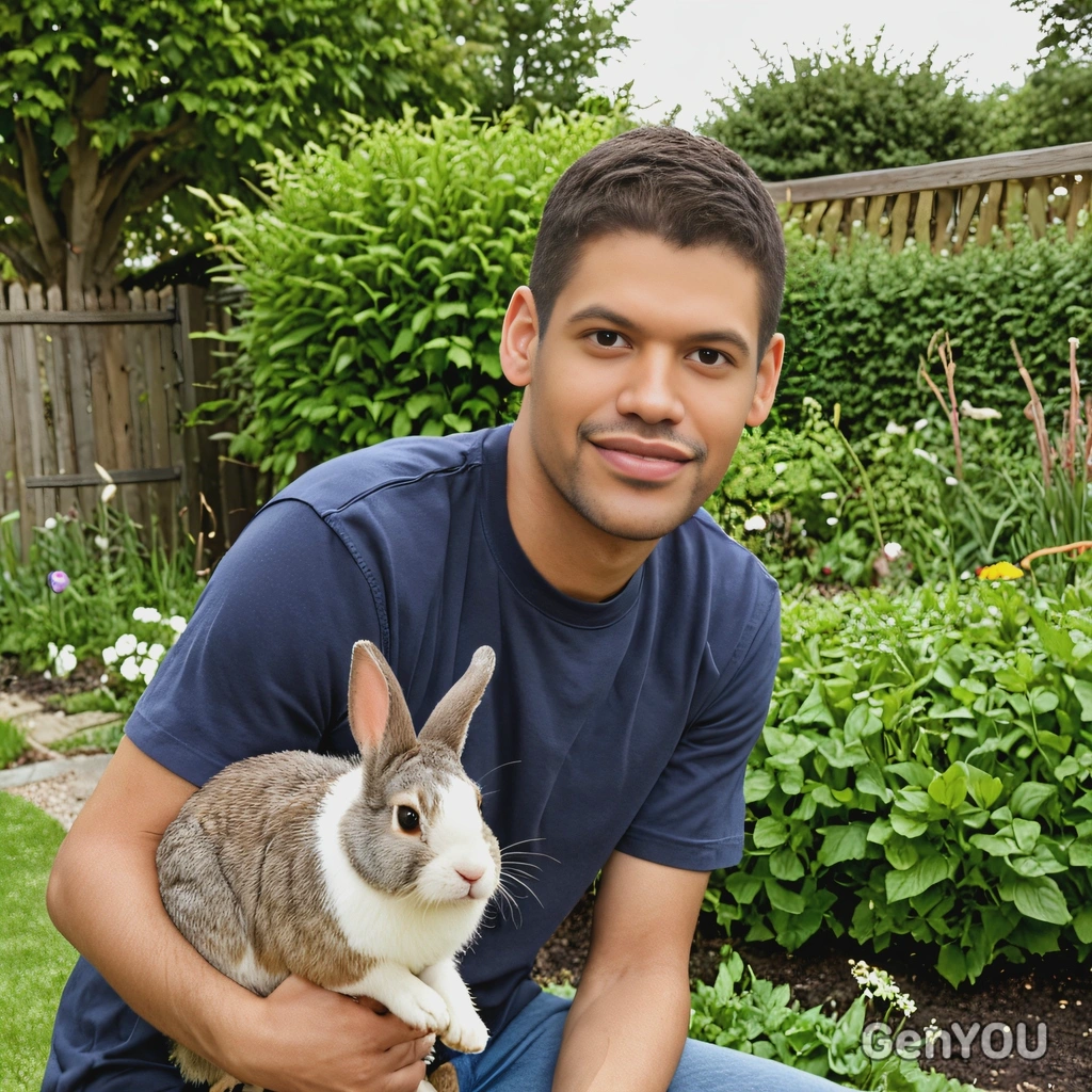 smiling, with a rabbit in a garden
