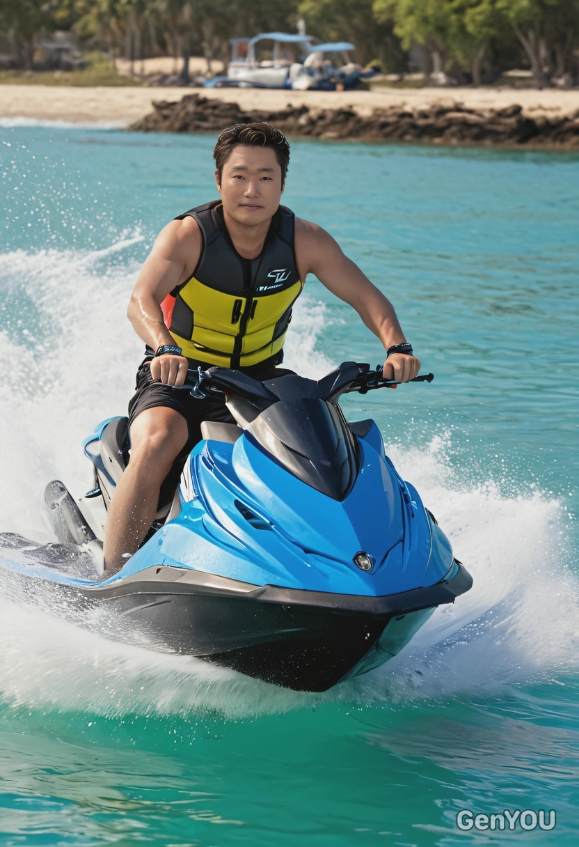 on a jet ski, speeding through clear blue water, cinematographic style, blurry background, professional filming, smiling 