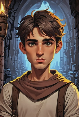 Hand-drawn flat cartoon style, Taran from The Black Cauldron, oversized cartoon big sparkling eyes, torchlight lighting, waist-up portrait, ancient dungeon background