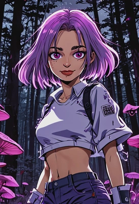 2D anime style, flat, bold ink outlines, Rokuto from Chainsaw Man, intense look, oversized cartoon big sparkling purple eyes, battle-ready stance, waist-up frame, dark forest background with glowing mushrooms