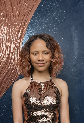 student in a rose gold sequined halter top, her hair styled in loose waves, murky blue yearbook backdrop, mid-shot photo, clear forehead 