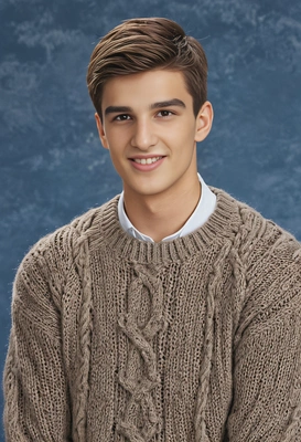 student with side-swept bangs, in a chunky cable knit sweater, with a thoughtful expression, blue yearbook background 