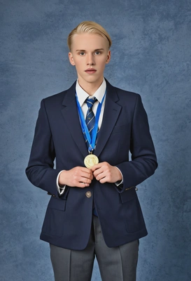 as a 90s debater with a confident stance, wearing a formal blazer and a debate medal, against a classic blue yearbook background