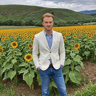 wearing a spring blazer and light jeans, standing near a field of sunflowers, with the bright spring sky and rolling hills in the background
