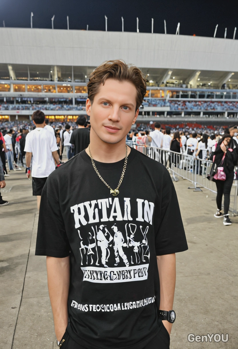 as a fan of BigBang’s Taeyang, wearing a Taeyang concert shirt, standing at the entrance of a massive concert stadium