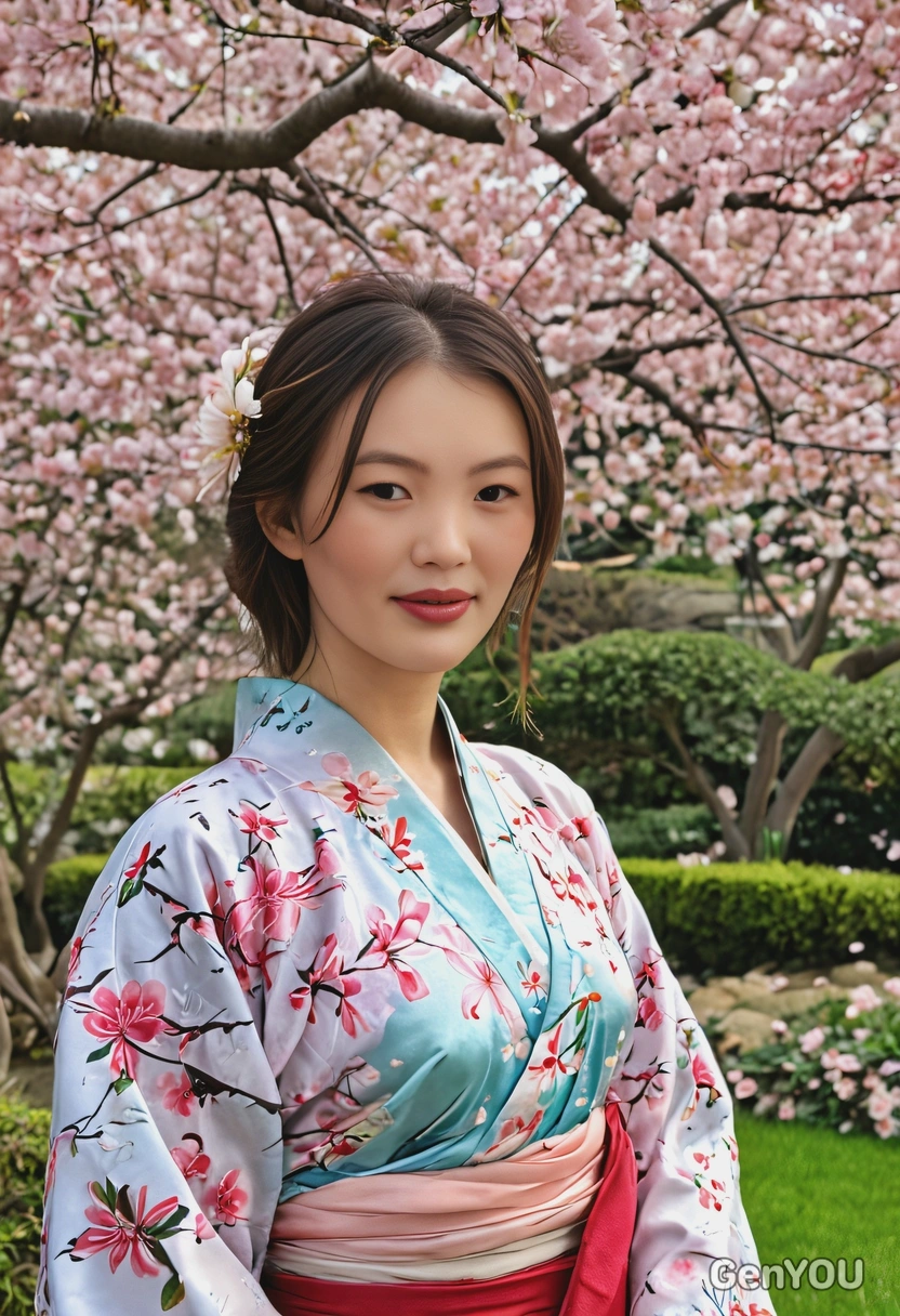 in a light floral kimono, standing in a Japanese garden under a cherry blossom tree, with the soft petals gently falling around her