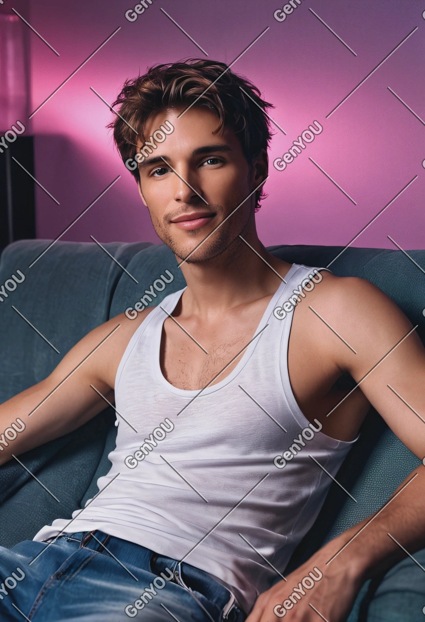 as a hyperrealistic flirty man, sitting on a sofa relaxed, half-body high-quality portrait, dramatic cinematic  photo effect, lit by blinding lights, tank top, eyes on viewer, futuristic background, vaporwave aesthetics