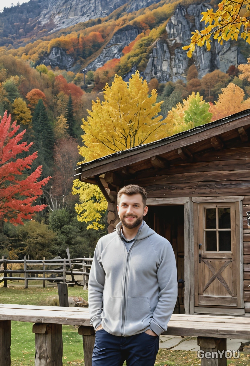 standing next to a rustic wooden cabin, with a view of mountains and fall trees