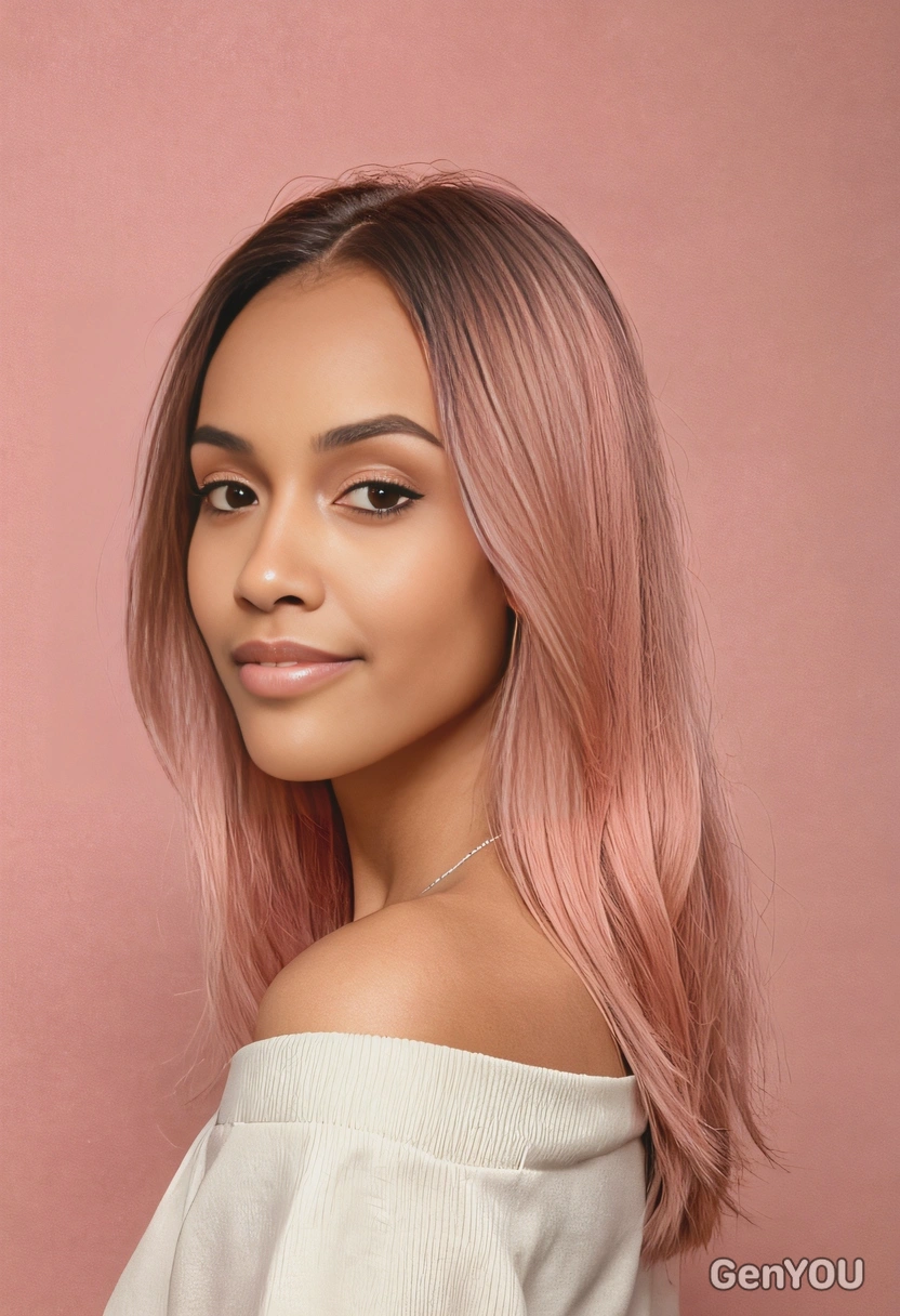 straight, shoulder-length hair dyed in rose pink with a subtle gradient to soft peach, set against a warm glowing background