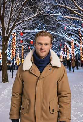in winter coats, strolling through a snow-covered park with Christmas lights and decorations on the trees
