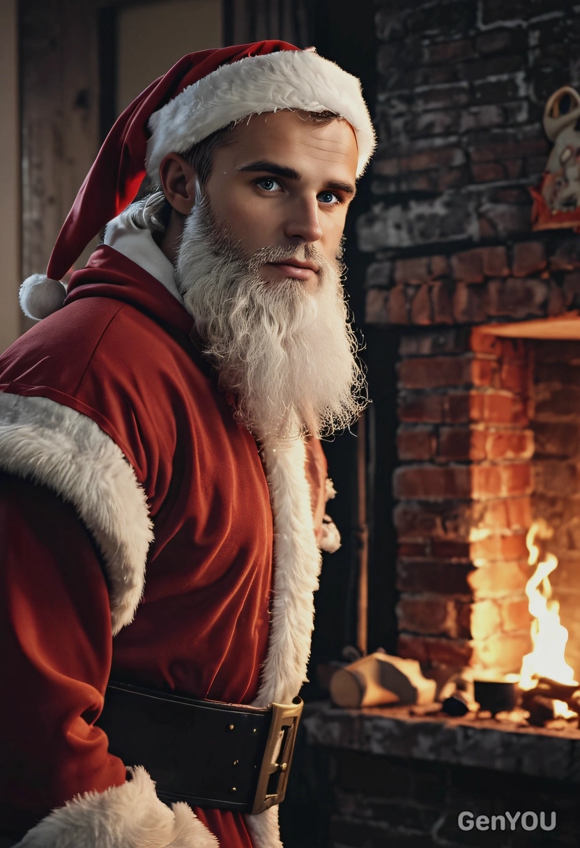 as a hyperrealistic Santa Claus standing near a chimney, high-quality shot, dramatic cinematic photo effect, eyes on viewer, indoor candle lighting, Christmas aesthetics