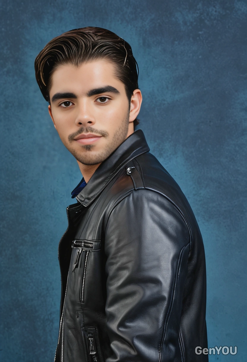 with a gelled back hairstyle, in a black leather jacket, exuding a retro vibe, blue yearbook background, headshot photo 