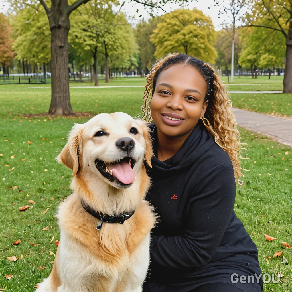 smiling, with a cute golden retriever in a park 