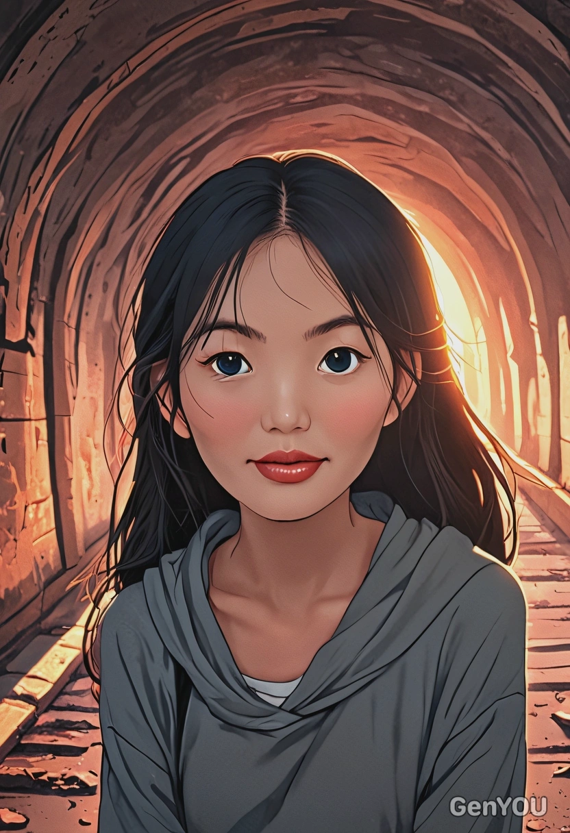 in a mysterious tunnel at sunset. Anime style, big eyes, manga drawing