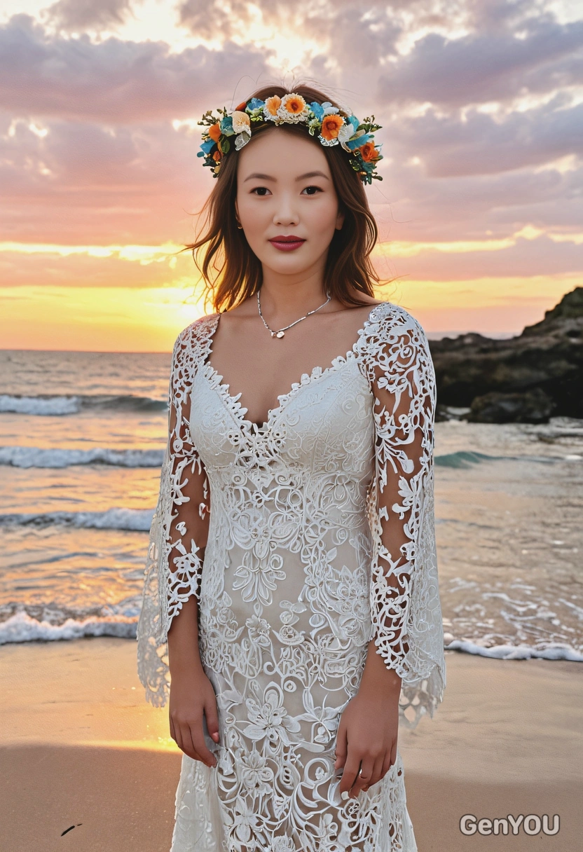 as a bride in a bohemian lace dress, wearing a flower crown and standing on a beach at sunset