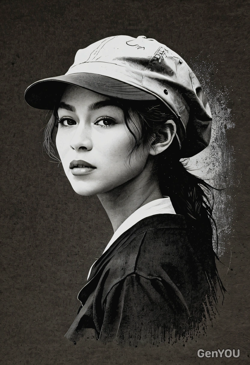 in a cap, charcoal painting, high contrast, paper texture, silhouette