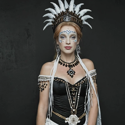 dressed as a voodoo queen, in dark room