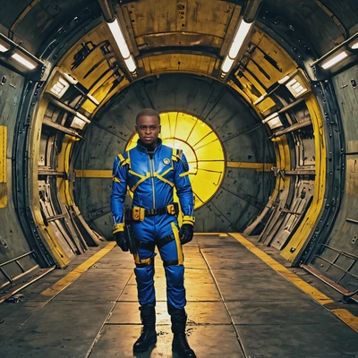 as a cosplayer of post nuclear game, cyberpunk, blue tight leather suit with thin yellow lines, inside a futuristic underground shelter, by a massive round metal door, holding a pistol, looking straight at camera, a shabby rusty aircraft carrier on horizon, bright evening, sun, vivid colors, high-quality cinematographic style