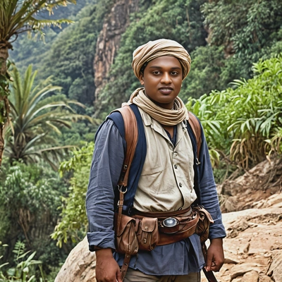 A 19th-century explorer, in rugged attire, standing before an uncharted jungle landscape