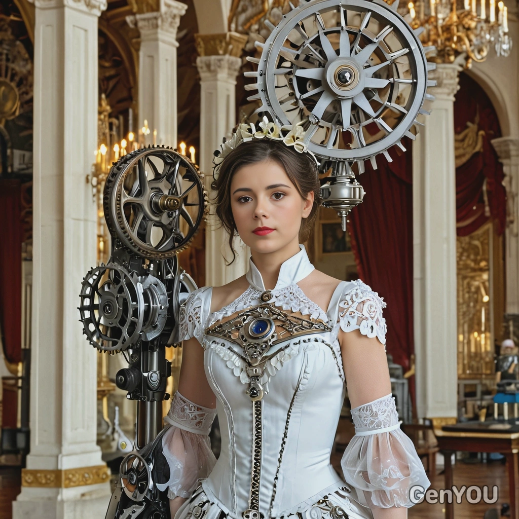 as a mechanized noblewoman, wearing an elegant dress with metallic accents and a mechanical fan, standing in an opulent ballroom with chandeliers made of gears and cogs