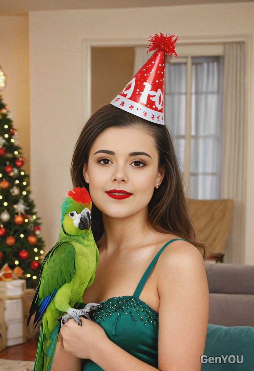 smiling, celebrating New Year’s Eve with her parrot, both wearing party hats, in a decorated apartment, soft focus, blurred background 