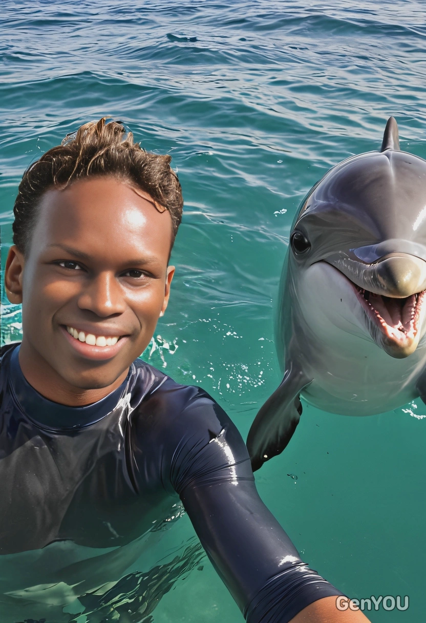 selfie, smiling, swimming with a dolphin in the ocean