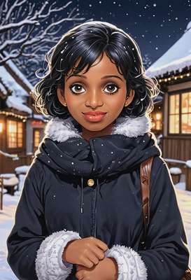 in a picturesque snowy village with festive lights, anime style, big eyes, manga drawing