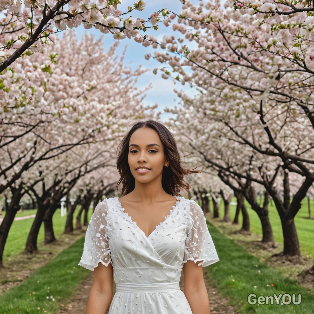 dressed in a soft white dress, standing near a row of blooming cherry blossom trees in full bloom, petals floating gently in the breeze