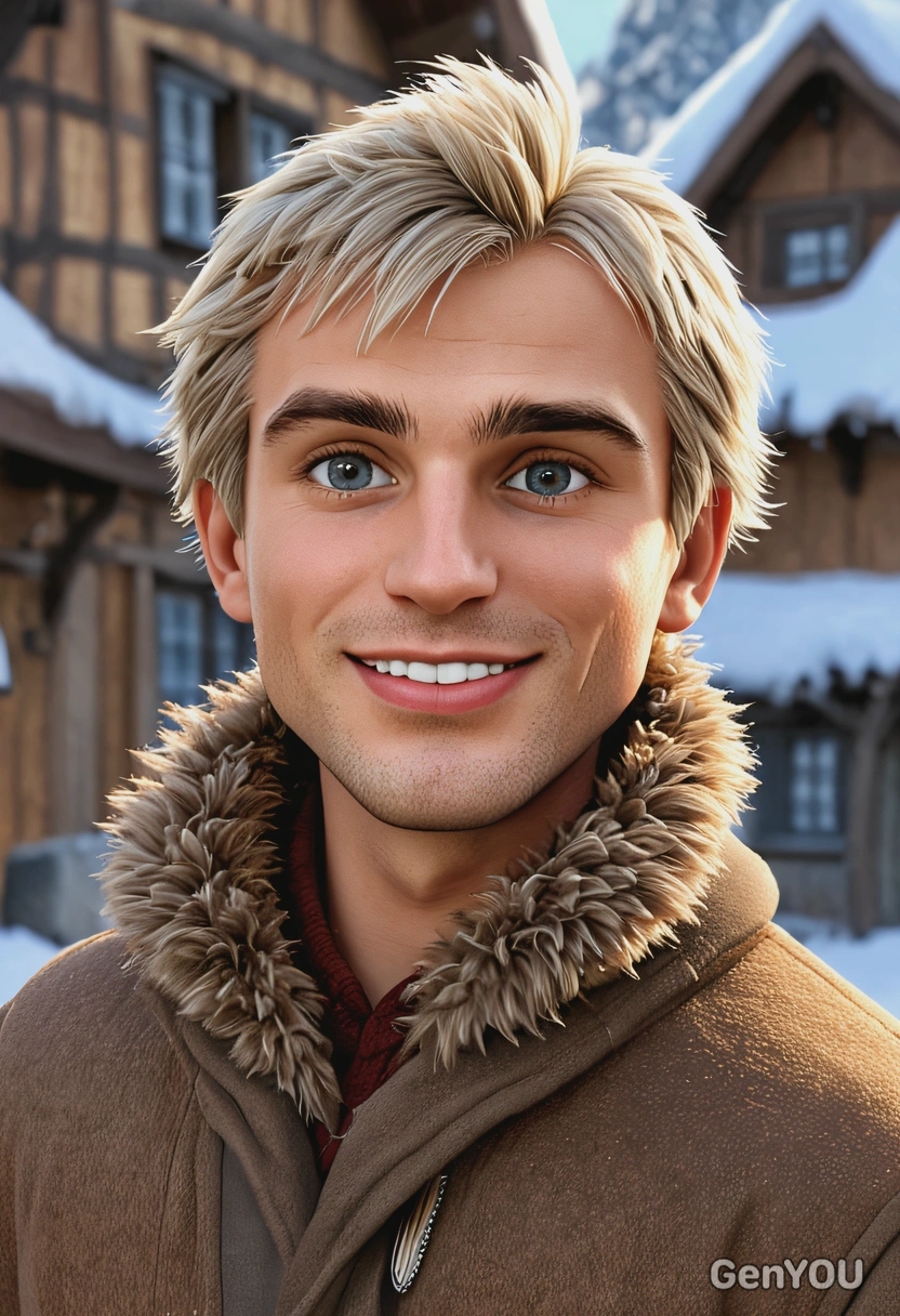3D Disney cartoon style, smiling Kristoff from Frozen, wearing brown fur-lined winter coat, oversized cartoon eyes, waist-up pose, snowy village background